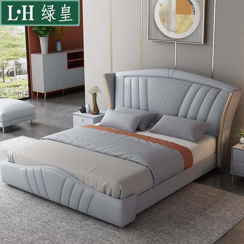 Light Luxury Leather Bed Double Bed 1 8 m Small family Type Master bedroom Soft Bed Wedding Bed Atmospheric Villa Modern Brief Genuine Leather Bed