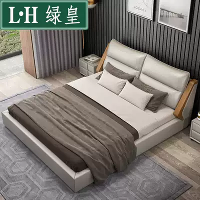 Leather bed double bed Modern simple leather master bedroom 1 8 meters double bed small apartment net red bed solid wood Nordic bed