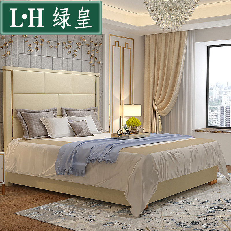 Postmodern light luxury bed leather bed leather bed solid wood simple modern atmosphere 1 8 meters master bedroom head layer cowhide bedroom