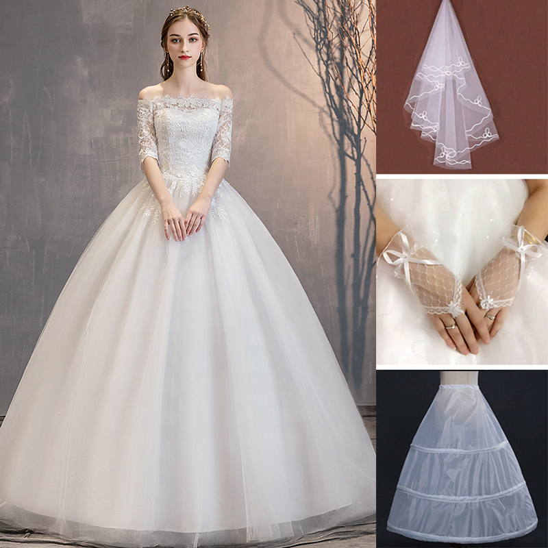 Váy cưới phong cách một từ mới vai diễn mỏng dài tay ren áo cưới đuôi cơ thể mỏng nhẹ chiếc váy cưới