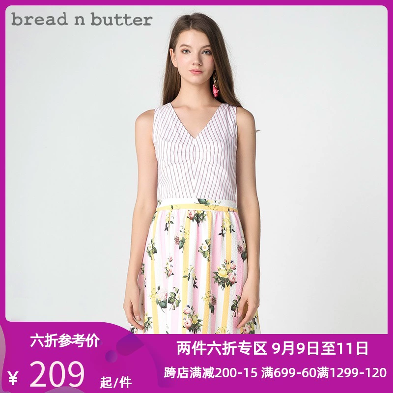 Sản phẩm mới của phụ nữ mùa hè Bread n Butter Đầm ôm eo cao cổ chữ V có in đường may váy không tay - Sản phẩm HOT