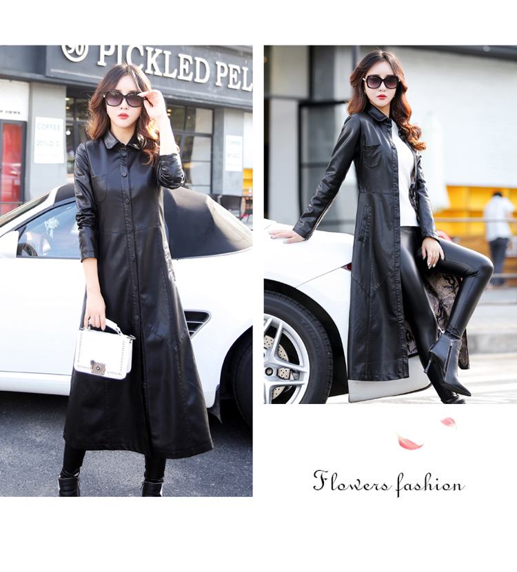 2018 thu đông mới Hain leather leather nữ dài phần đầu gối áo khoác da gió phiên bản Hàn Quốc giảm béo thon thả áo da nữ xịn nhập khẩu