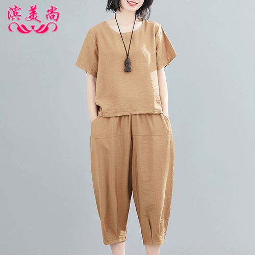 Цветной летний комплект, модная футболка, штаны, из хлопка и льна, короткий рукав