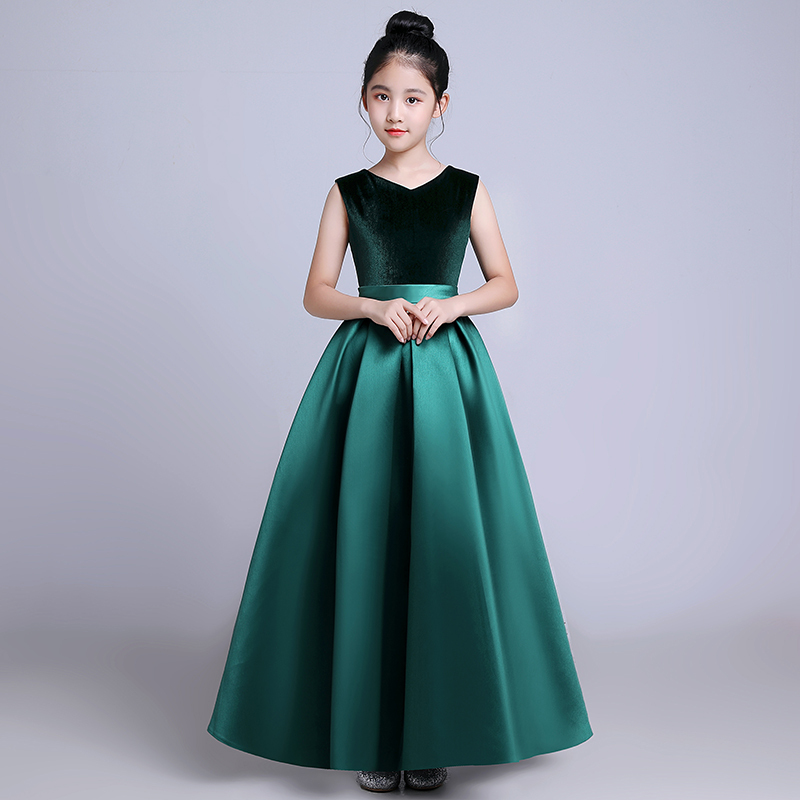 High-End Girls' Velvet Dress for Older Children, Student Piano Performance Costume, Catwalk Children's Performance Princess Dress, Green