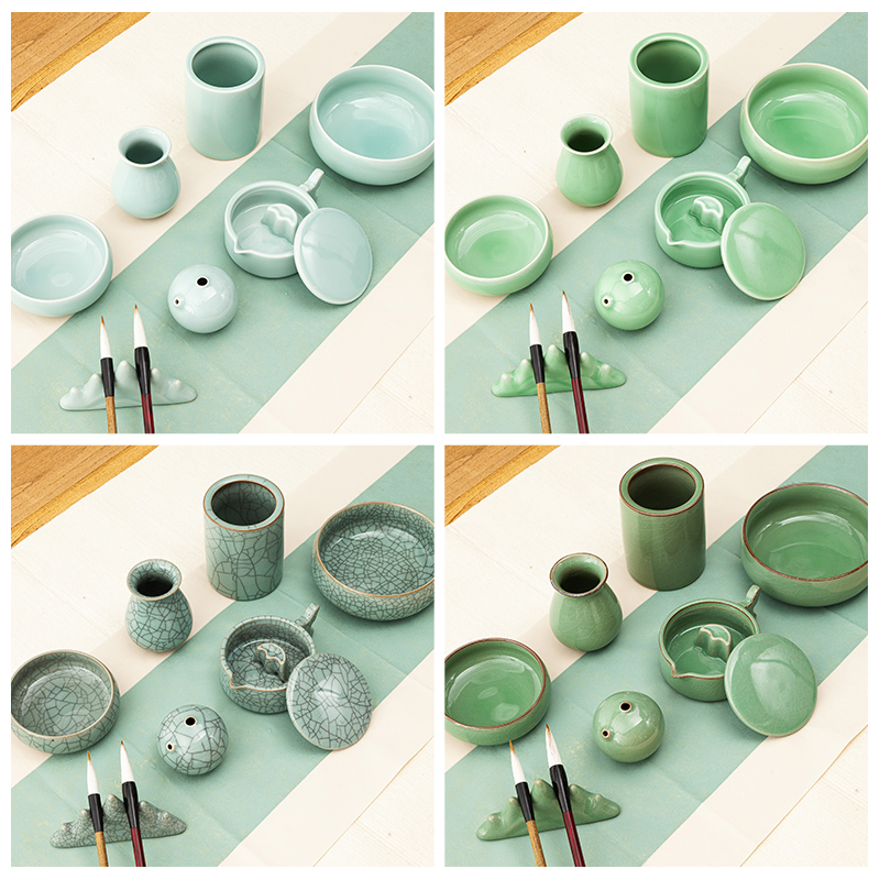 Ceramic the inkwell pen mountain pen writing three woolly pen container YanDi wash brush cylinder ink brush frame plate inkstone ink toner cartridge with the cover plate of four treasures fine suit high - grade calligraphy appliance products