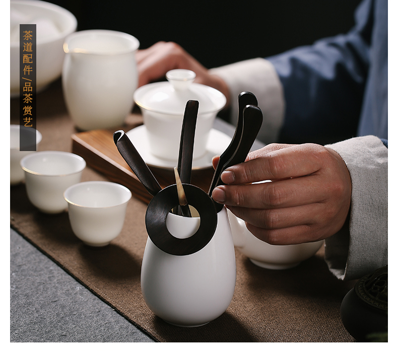 Dehua white porcelain tea set household contracted kung fu paint edge suet jade porcelain office tea cup lid bowl