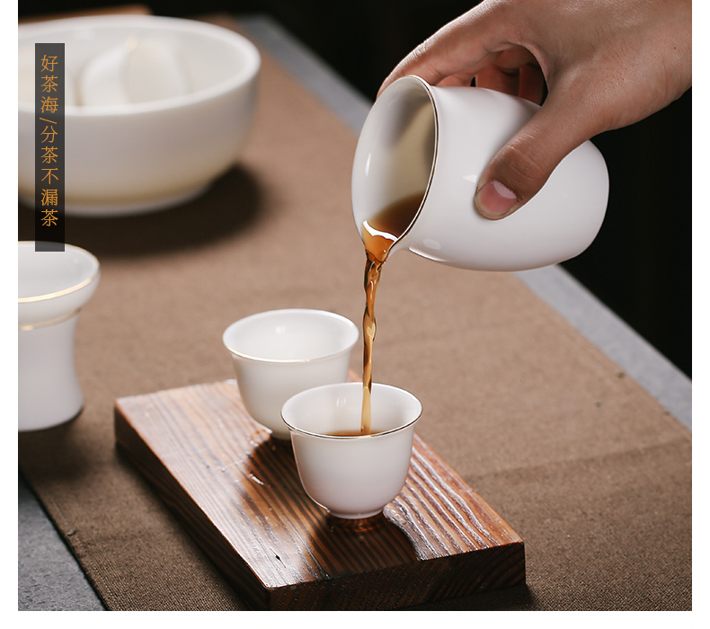 Dehua white porcelain tea set household contracted kung fu paint edge suet jade porcelain office tea cup lid bowl