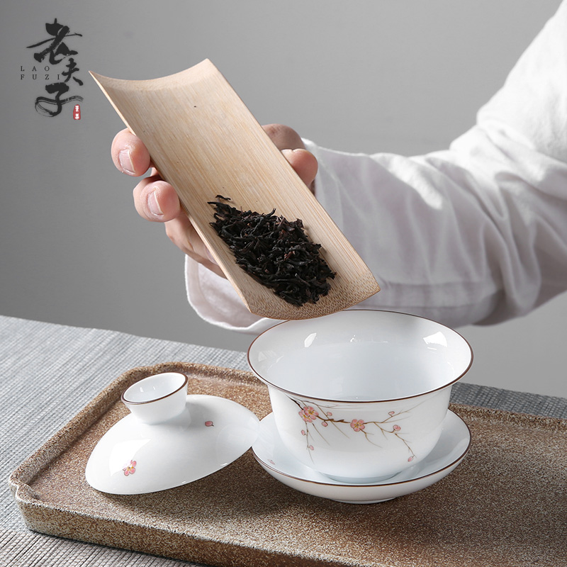 Dehua white porcelain three han just tureen hand - made ceramic household teapot size kung fu tea cups to use