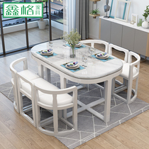 Marble round dining table and chair combination home solid wood dining table rice simple modern small apartment invisible table long Square