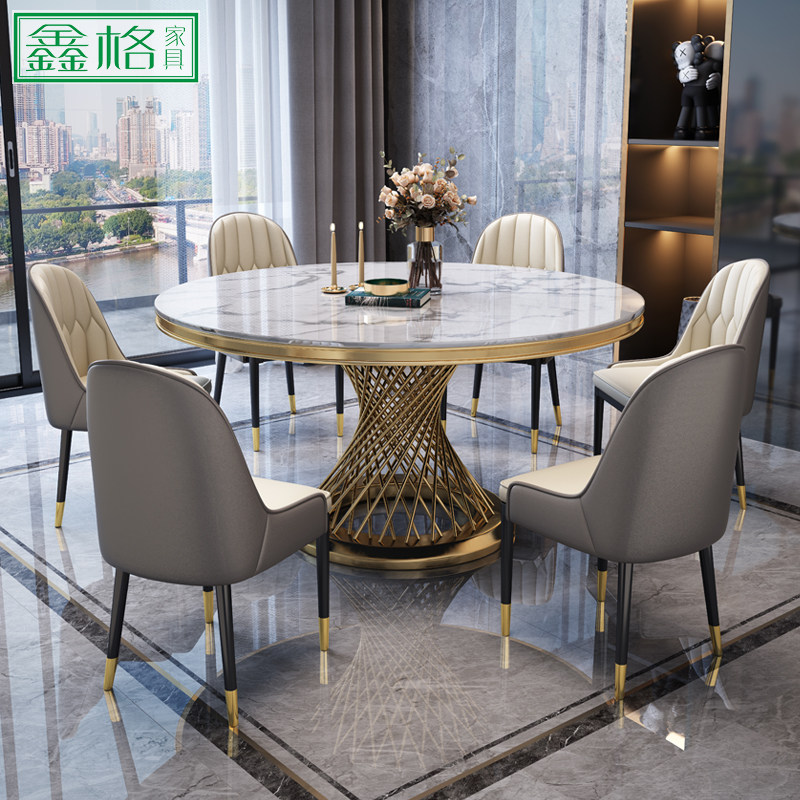 Light luxury marble dining table and chair combination modern simple round table household rock slab with turntable villa model room furniture