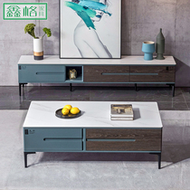 Rock board tea table TV cabinet combination set small apartment marble modern simple tea table telescopic solid wood floor cabinet