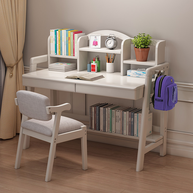 Solid wood desk Desk Desktop Small Bookshelf Combo White Household Brief Study Student Desk Economy Type