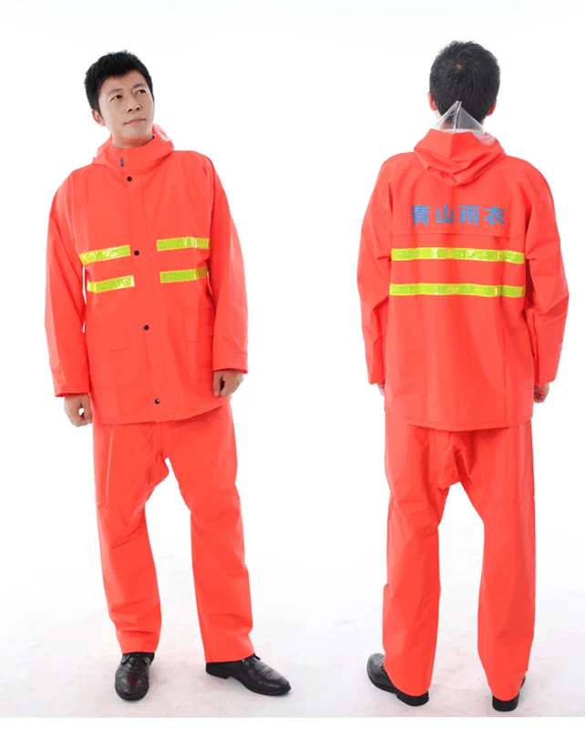 Áo mưa Qingshan màu đỏ cam huỳnh quang màu xanh lá cây dệt vải phù hợp với áo mưa quần mưa đường dày dịch vụ vệ sinh vườn cảnh