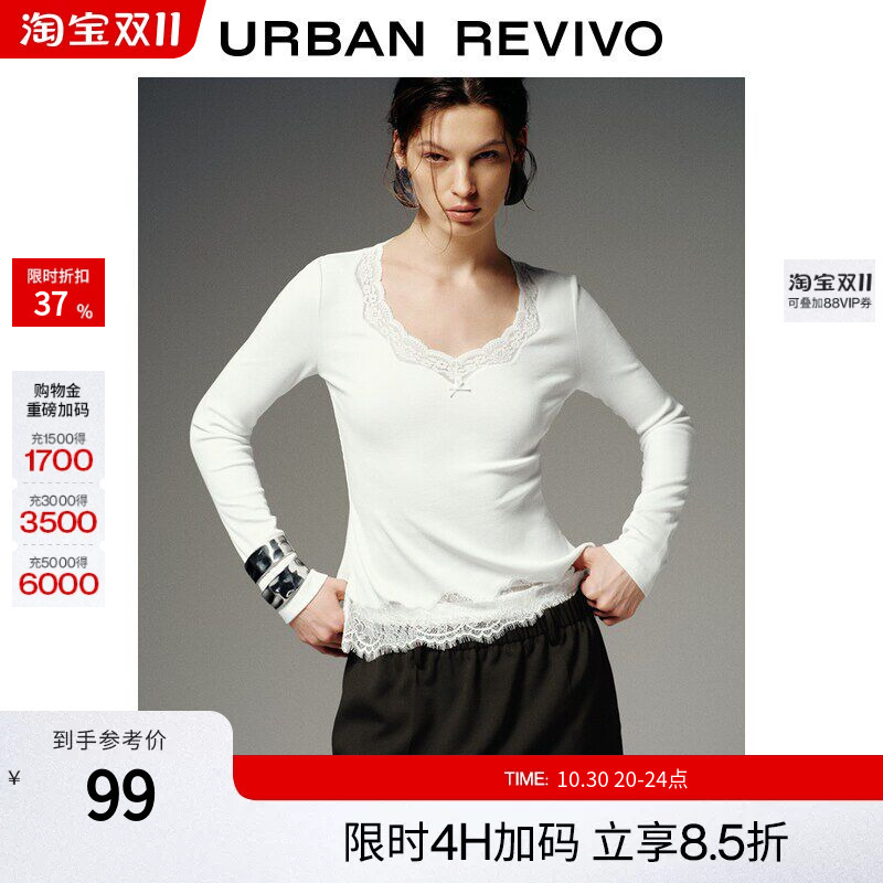 Ur2026 Autumn New Women's Pastel Style Trendy Lace Embroidery Patchwork T-Shirt Uwj460030