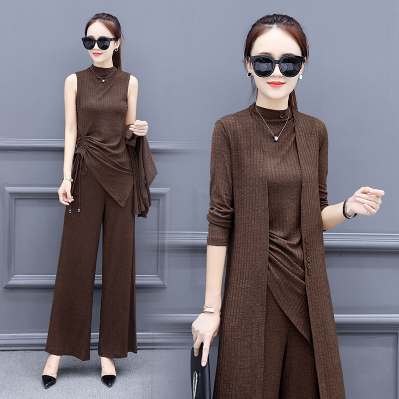 Broadlegged Pants Suit Women's Dress 2022 Fall New Korean Edition Reduction Fashion Foreign Majors Slim Knit Three Sets