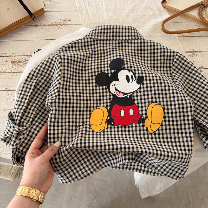 Japanese Children's Plaid Shirt Long-Sleeve T-Shirt 26 Spring New Style Boys and Girls Baby Cartoon Mouse Shirt Thin Jacket