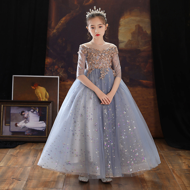 Girl Host Piano Performance Dress Round Collar Birthday Dress Starry Sky Princess Dress Student Vocal Exam Dress