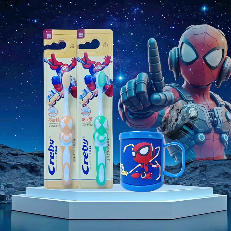 Children's Toothbrush with Soft Bristles, Ages 3-12, Spider Style, Steel Robot Cartoon, Cool for Boys, Gum Protection, Comes with a Toothbrush Cup for Students