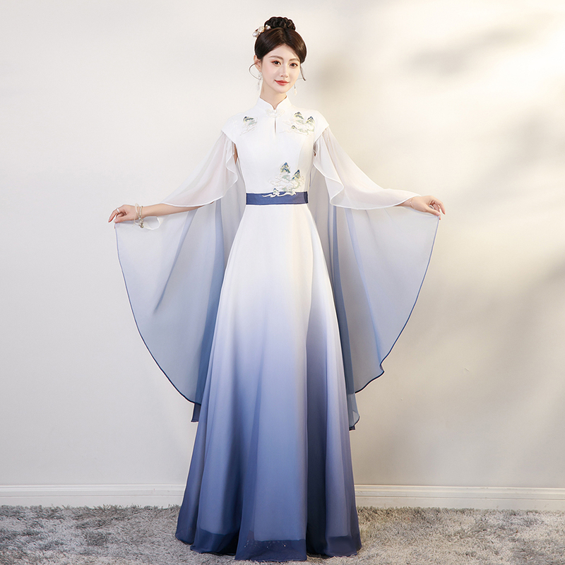 Adult Guzheng Performance Costume Gradient Blue Long Banquet Dress Stage Performance Folk Music Solo Performance Costume for Women