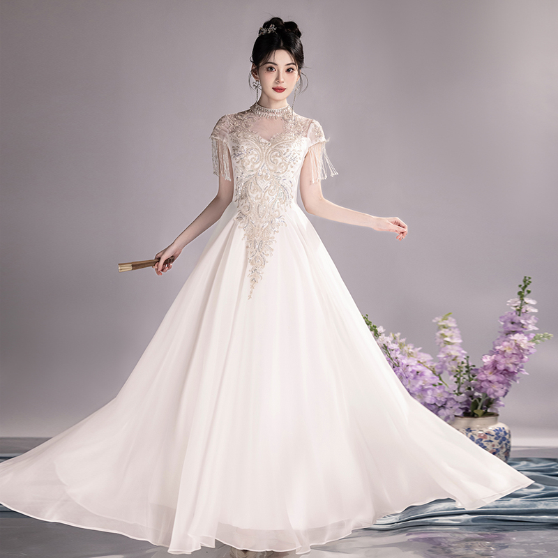 Guzheng Performance Costume for Women 2025 New Model Folk Music Solo Performance Dress Art Exam Vocal Competition Host Dress White Guzheng Performance Costume for Women 2025 New Model Folk Music Solo Performance Dress Art Exam Vocal Competition Host Dress White