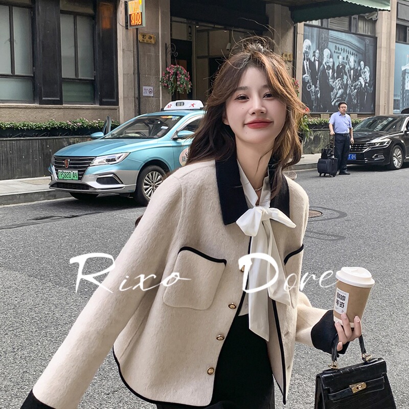 Rixo Dore French Off-White Short Double-Sided Cashmere Coat, Versatile Woolen Coat for Autumn and Winter