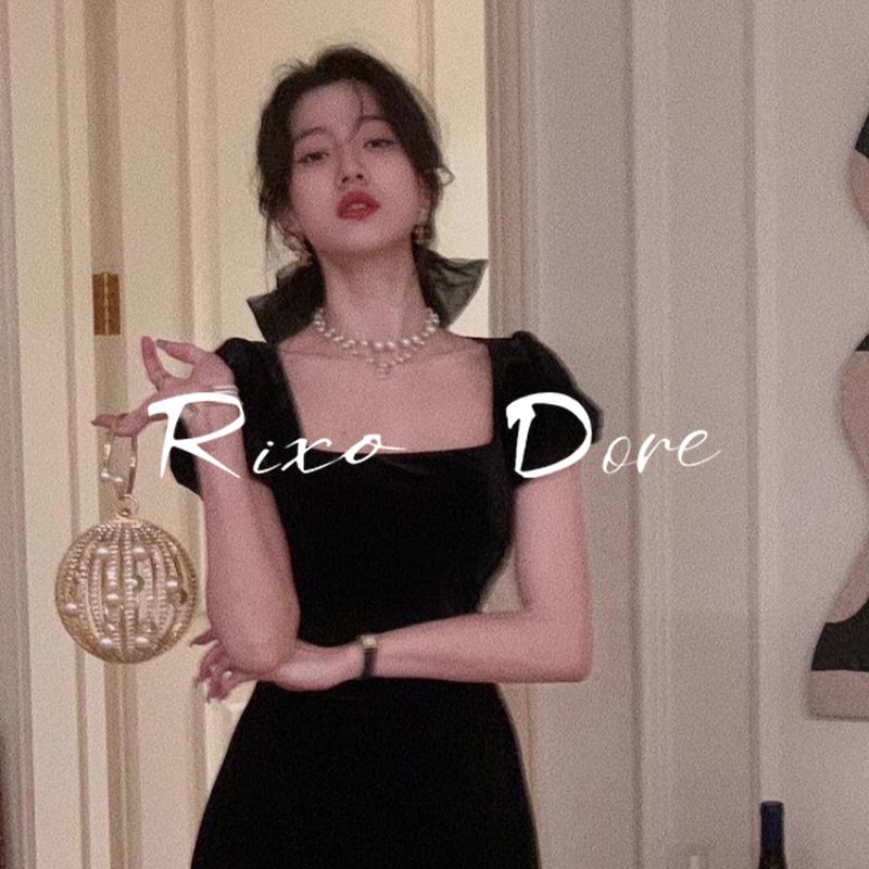 Rixo Dore French High-End Style Vintage Socialite Elegant Black Square-Neck Velvet Dress Rixo Dore French High-End Style Vintage Socialite Elegant Black Square-Neck Velvet Dress
