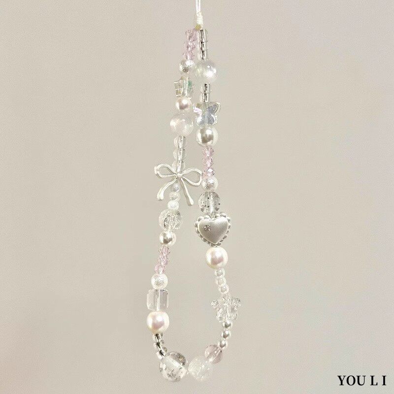 White bow-tie phone charm wrist pendant beaded pendant original hanging rope high-end chain unique chain