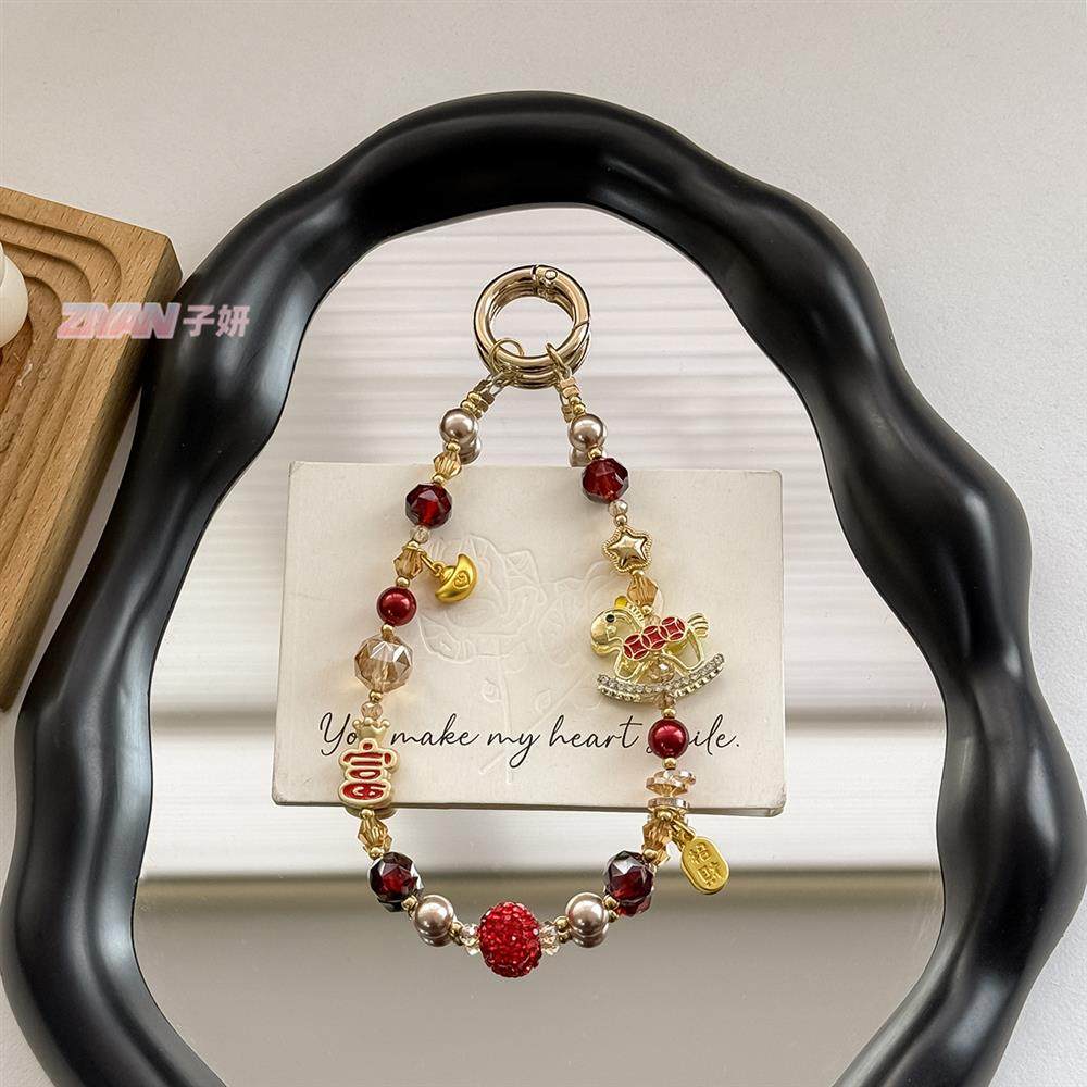 Year of the Horse, Get Rich Immediately, Alloy Chain, Crystal Lanyard, Luxurious Beaded Pendant, Versatile Accessory, Ccd Camera Keychain