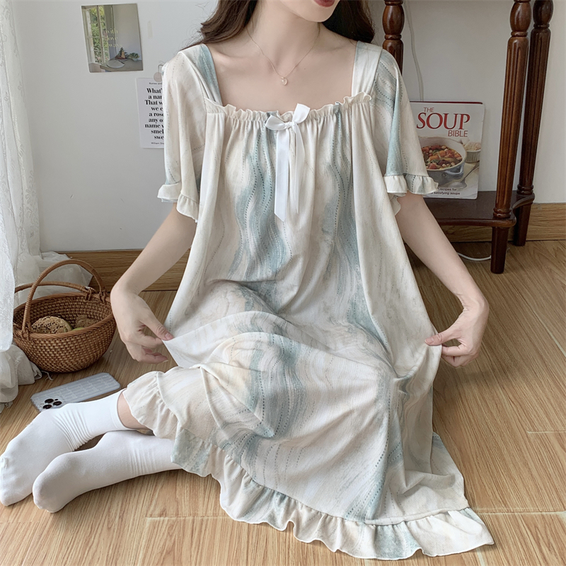 Nightgown for Women, Ice Silk, Palace Style, Plus Size, Extra Large Size 150kg Summer Short-Sleeved Sweet Style, Cool Nightgown Dress for Plus-Size Women Nightgown for Women, Ice Silk, Palace Style, Plus Size, Extra Large Size 150kg Summer Short-Sleeved Sweet Style, Cool Nightgown Dress for Plus-Size Women