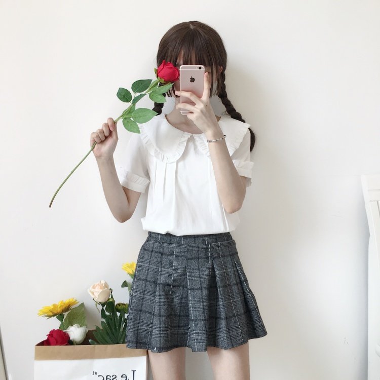 Mùa hè 2018 nữ phiên bản Hàn Quốc của Nhật Bản ngọt ngào cổ áo búp bê sinh viên nữ sinh viên áo sơ mi ngắn tay dễ thương - Áo sơ mi áo sơ mi trắng nữ hàng hiệu