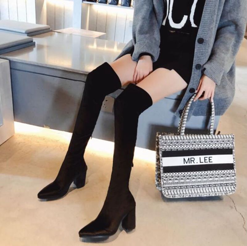 2021 Autumn Winter Over Knee Long Boots Slim Leg Elastic Boots Pointed Flat Bottom High Cylinder Side Pull Chain Display Slim Women's Shoes Martin Boots