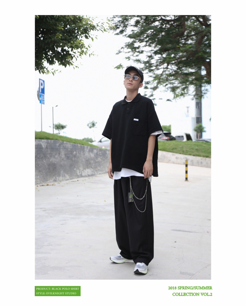 EVILKNIGHT 18ss mới nguyên thủy cotton tổng hợp đen polo lỏng tay áo ngắn áo polo