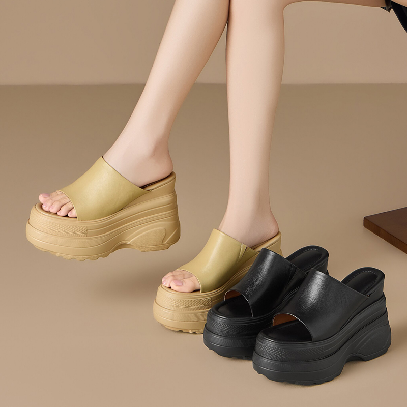 12cm Height-Increasing Sandals for Women, Summer Outerwear, Fashionable Thick-Soled Platform Genuine Leather Ultra-High Heel Half-Slippers That Are Not Tiring for the Feet