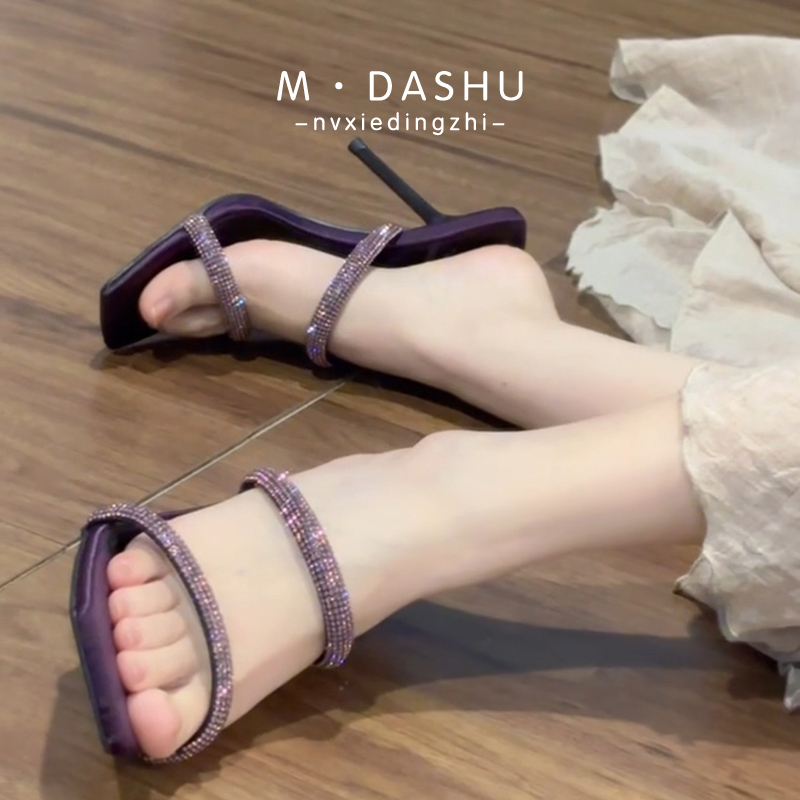 High-Heeled Sandals for Women 2026 New Style Stunning Purple Square Toe Stiletto Heel Rhinestone Sexy One-Strap Sandals for Outdoor Wear High-Heeled Sandals for Women 2026 New Style Stunning Purple Square Toe Stiletto Heel Rhinestone Sexy One-Strap Sandals for Outdoor Wear