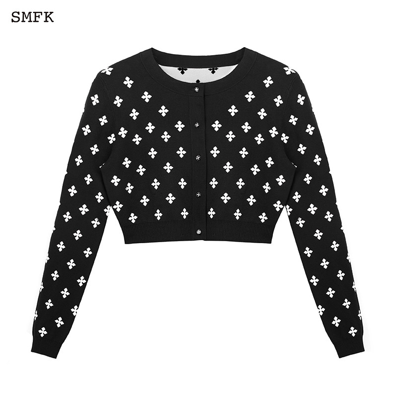 Trendy Brand Garden Double-Sided Cardigan Jacket for Women, Black and White Short Cardigan Knitwear Ut024Bw
