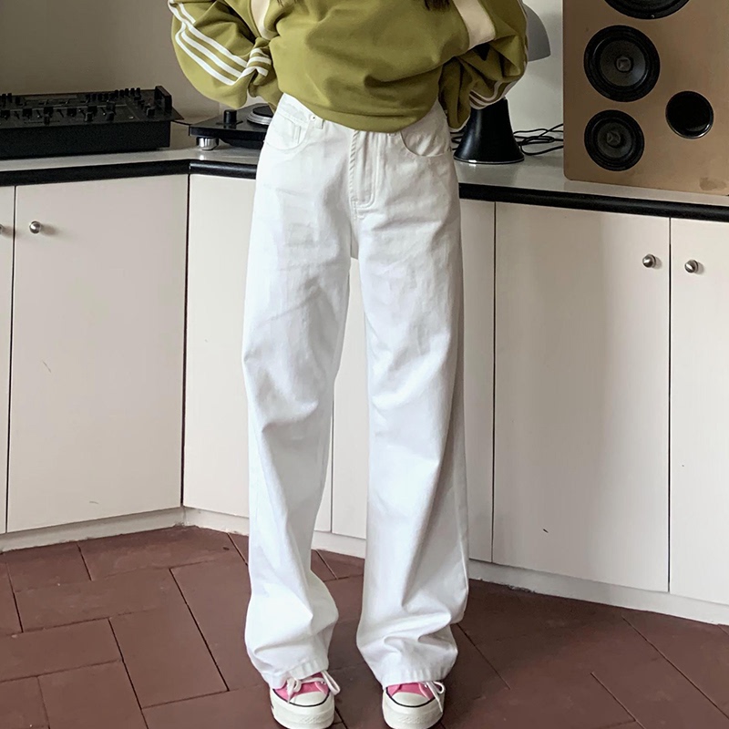 Where Can I Find White Vintage Straight-Leg Jeans for Women, Spring Style, High-Waisted, Loose, Drapey, Floor-Length Wide-Leg Pants?