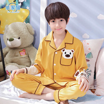 Childrens pajamas Boys long-sleeved pure cotton spring and autumn thin section boys middle and large children cotton cartoon home service suit bear