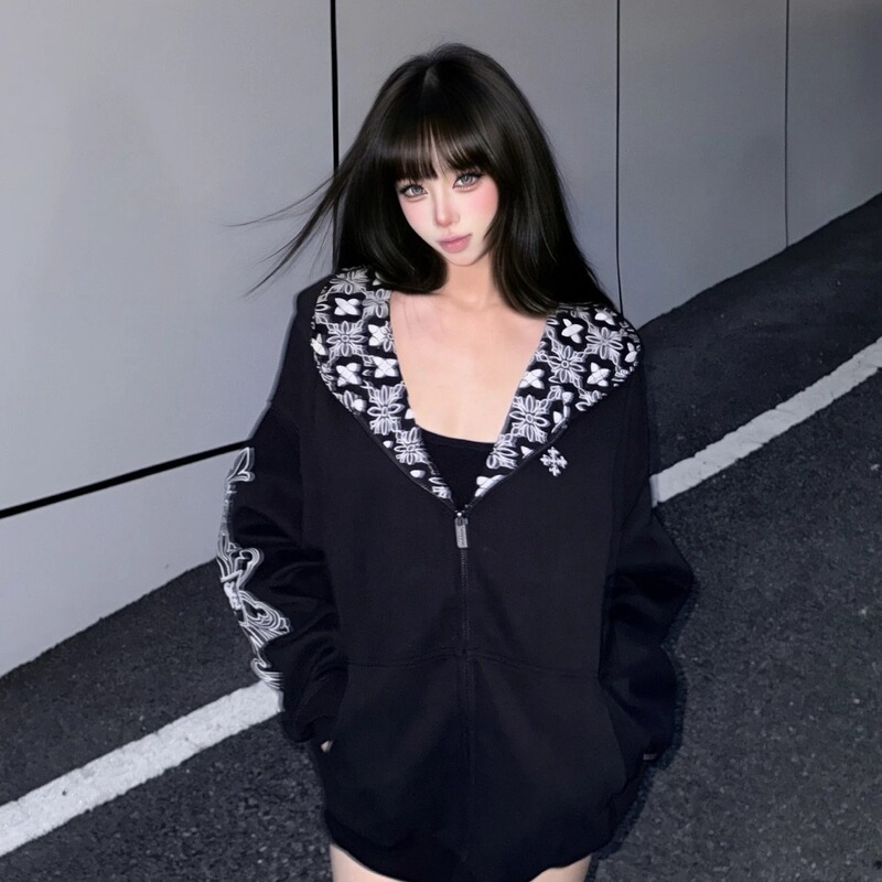 Chinese Trendy Street Gothic Pattern Hooded Sweatshirt for Women, New Autumn and Winter American Style Inner Shirt, All-Over Print Couple Zipper Jacket Chinese Trendy Street Gothic Pattern Hooded Sweatshirt for Women, New Autumn and Winter American Style Inner Shirt, All-Over Print Couple Zipper Jacket