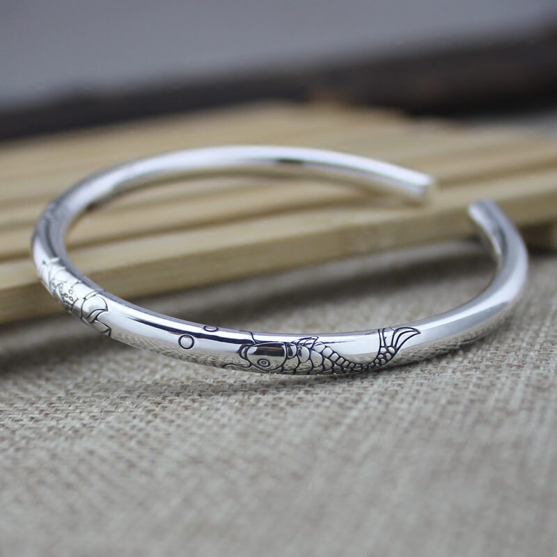 Baishi Silver Cheng silver bracelet fish style sterling silver 999 female open fish lotus lotus silver bracelet retro ethnic style