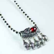 Womens 925 silver hand-woven wax rope necklace vintage silver silver pendant small fish tassel