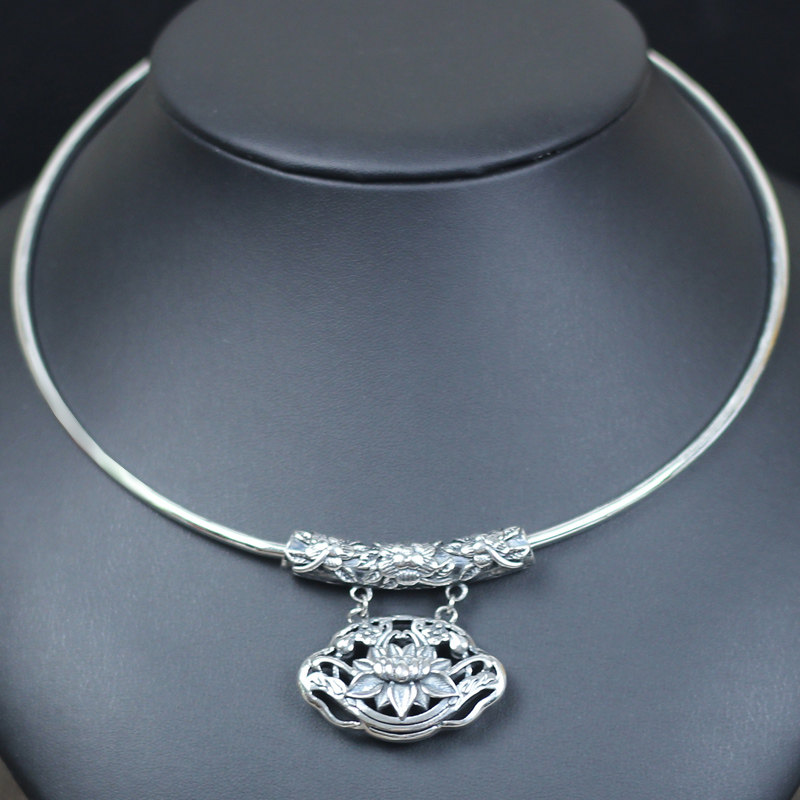 Silver Neckline 999 Foot Silver Grown-up Women's Retro Lotus Silver Pendant