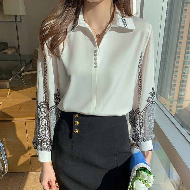 2023 Autumn New Shirt OL Lapel Ink Printed Sleeve Stitching Slim Fashion Western Style All-match Top for Age Reduction