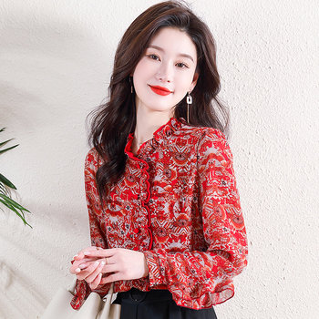 Exquisite mulberry silk printed French top 2023 spring new style Flying sleeves with fungus ears Loose and thin western style shirt