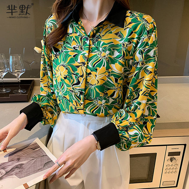 Korean version of POLO collar printed shirt women's spring new design sense niche loose and versatile lantern sleeve cardigan top