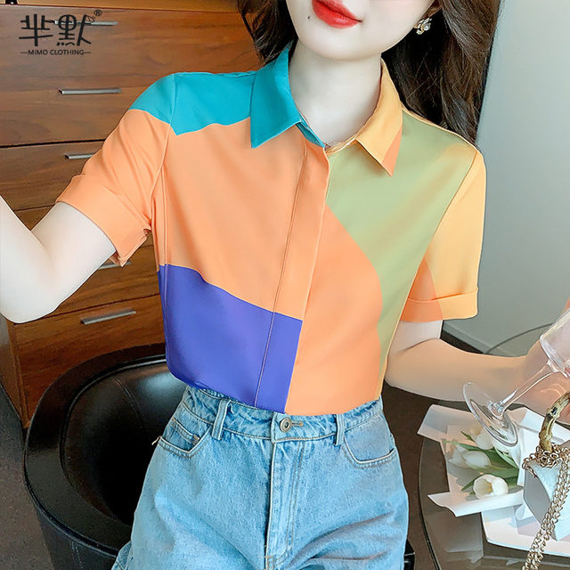 European and American new fashion popular high-end shirt women 2023 summer loose short-sleeved top temperament color matching shirt