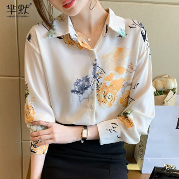 Autumn new style Hong Kong-style retro printed shirt women's long-sleeved shirt design sense of niche Western style color chiffon top