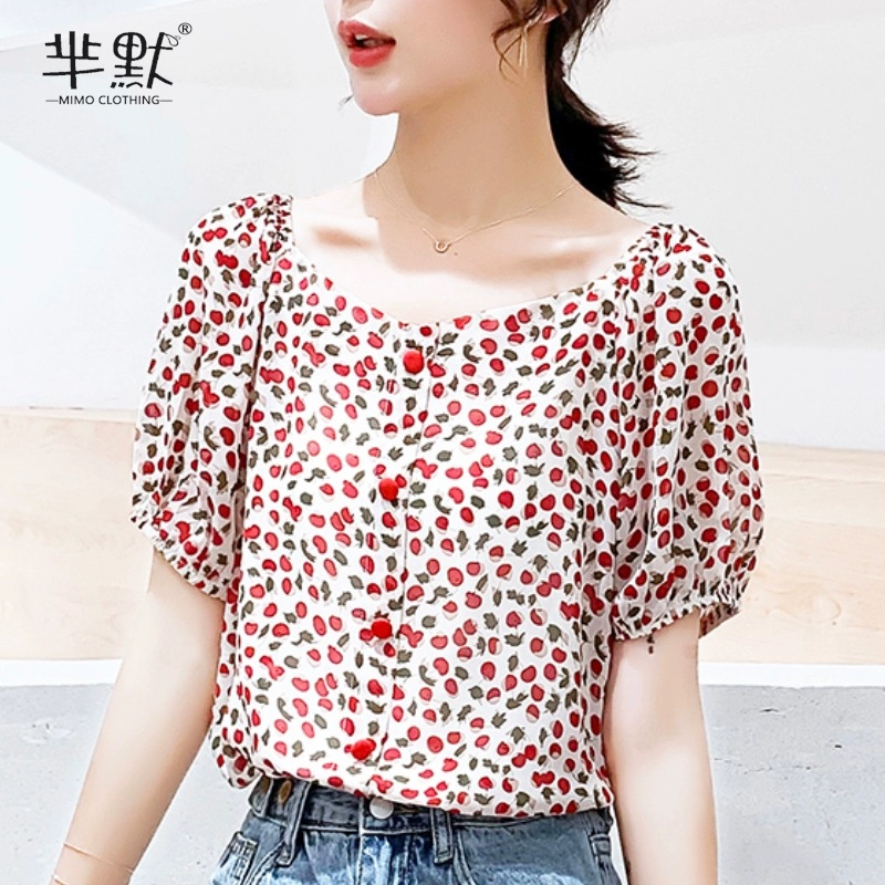 Mùa hè 2020 phiên bản mới của Hàn Quốc nhỏ túi hoa tươi khóa áo voan nữ tay áo lồng áo in hình thủy triều hoang dã - Áo sơ mi chiffon ren