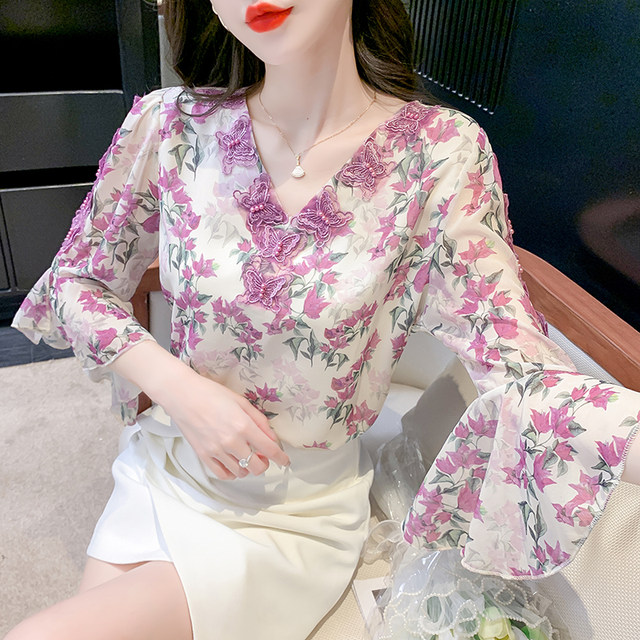 Heavy Industry Butterfly V-neck Floral Chiffon Shirt Women 2023 Autumn New Design Sense Niche Tops Trumpet Sleeve Shirt