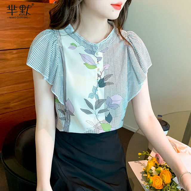 French style 2023 summer new pop art print petal sleeve shirt female design sense niche elegant chiffon shirt