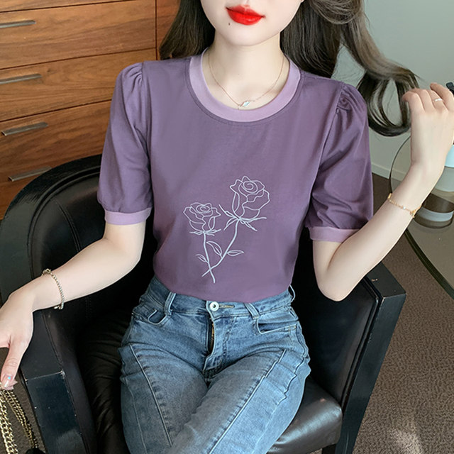 2023 summer new retro short-sleeved front shoulder T-shirt high-end sense of milk wear small design sense tops for women